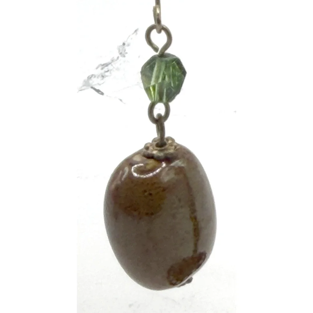 Boho Dangle Earrings Brown Green Ceramic Bead Gold‎ Tone Artisan